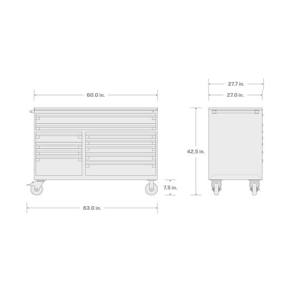 Tekton Rolling Tool Cabinet, 11 Drawer, Black, Steel, 60 in W x 27 in D x 41-1/2 in H - OCL63102STM