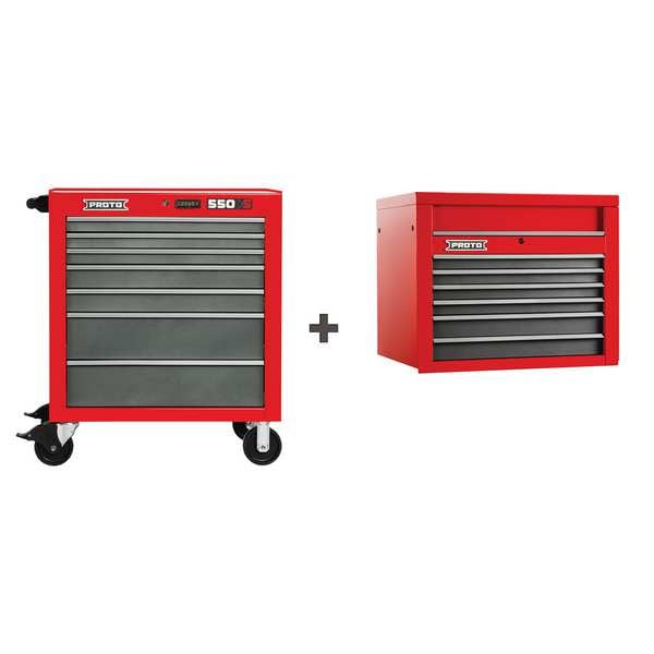 Proto 550S Series Tool Cabinet, 13 Drawer, Red/Gray, Steel, 34 in W x 25-1/4 in D x 68 in H - J553441-7SG/J553427-6SG