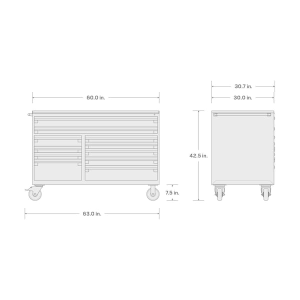 Tekton Rolling Tool Cabinet, 11 Drawer, Black, Steel, 60 in W x 32 in D x 41-1/2 in H - OCL64100STM