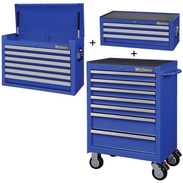 Westward WESTWARD Rolling Cabinet Kit, 16-Drawers, Powder Coated Blue, 27" W x 18" D x 68.5" H - 361LN3