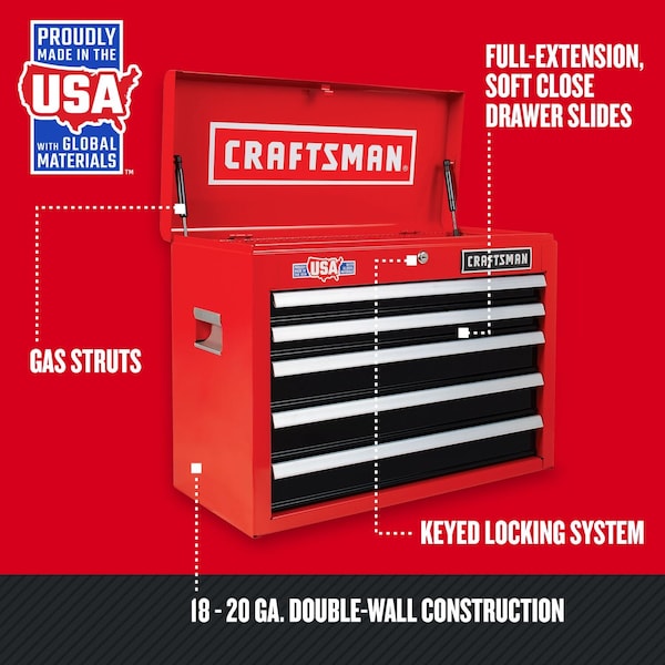 Craftsman 2000 Series Tool Chest, 5 Drawer, Black/Red, Metal, 26 in W x 12 in D x 19-3/4 in H - CMST98214RB