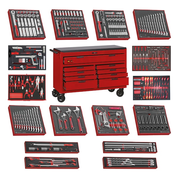 Teng Tools Mega Hand Tool Cabinet Tool Kit, 9 Drawer, Red, 53 in W - TCW809N-KIT1