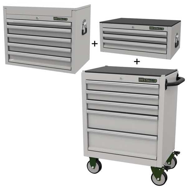 Westward WESTWARD Rolling Cabinet Kit, Intermediate & Top Chest, 13-Drawers Total, Stainless Steel - 361LM9