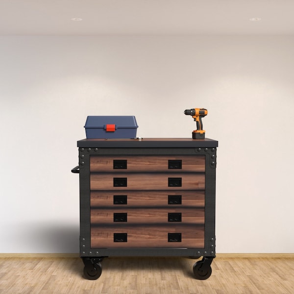 Duramax Rolling Tool Chest, Wood Top, 5 Drawer, Brown/Gray, Steel, Wood, 36 in W x 20 in D x 37 in H - 68006-N