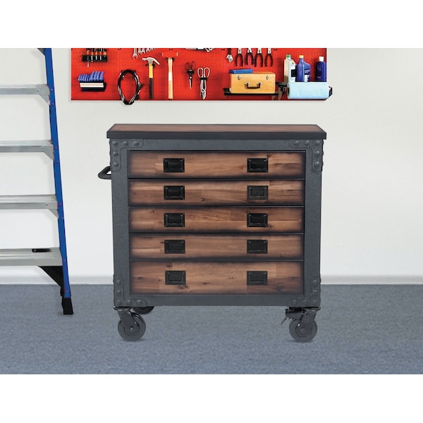 Duramax Rolling Tool Chest, Wood Top, 5 Drawer, Brown/Gray, Steel, Wood, 36 in W x 20 in D x 37 in H - 68006-N