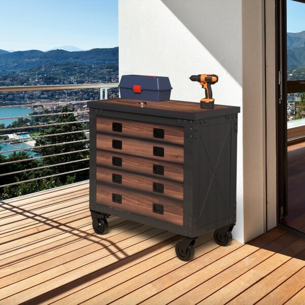 Duramax Rolling Tool Chest, Wood Top, 5 Drawer, Brown/Gray, Steel, Wood, 36 in W x 20 in D x 37 in H - 68006-N