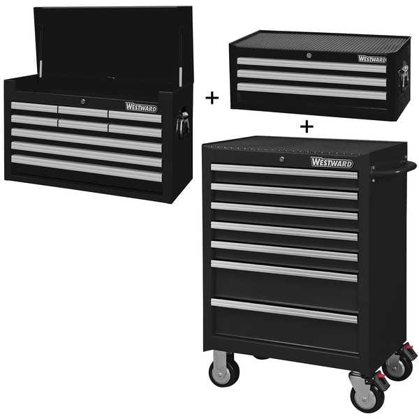 Westward WESTWARD Rolling Cabinet Kit, Intermediate & Top Chest, 19-Drawers Total, Powder Coated Black - 361LN2