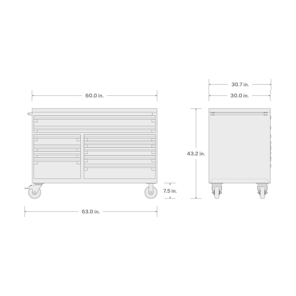 Tekton Rolling Tool Cabinet, 11 Drawer, Black, Steel, 60 in W x 30 in D x 41-1/2 in H - OCL64100LWT