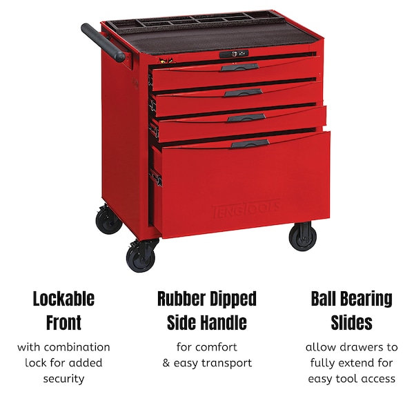Teng Tools 8 Series Roller Cabinet, 4 Drawer, Red, Steel, 26 in W x 18 in D x 31 in H - TCW804NU