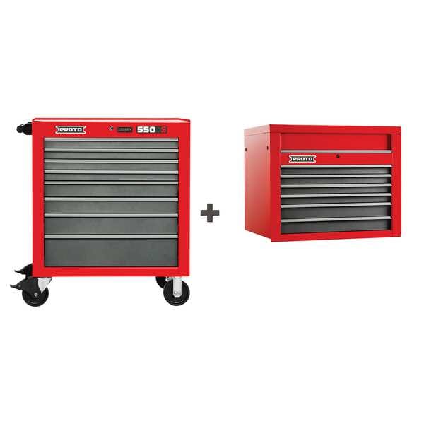 Proto 550S Series Rolling Cabinet, 13 Drawer, Red/Gray, Steel, 34 in W x 25-1/4 in D x 68 in H - J553441-8SG/J553427-6SG