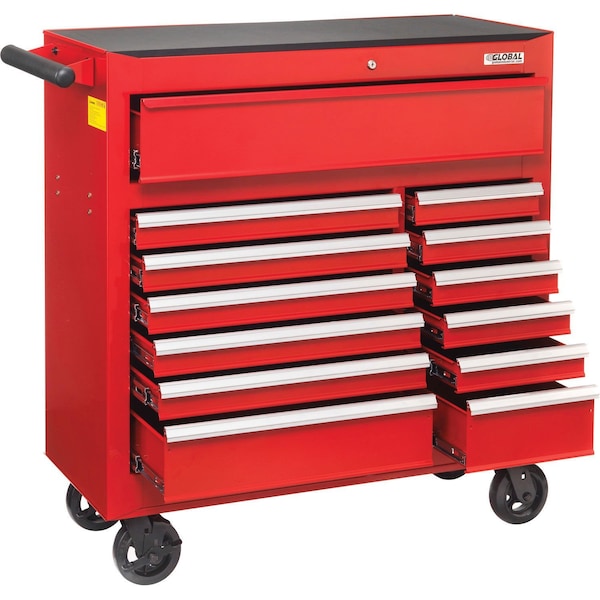 Global Industrial Roller Cabinet, 13 Drawer, Red, Steel, 18 in D x 38-5/8 in H - 535653
