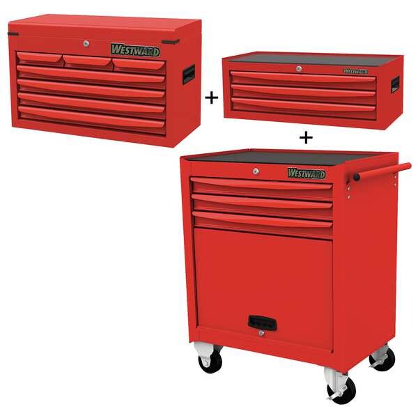 Westward WESTWARD Rolling Cabinet Kit, 13-Drawers, Powder Coated Red, 29" W x 18" D x 59.5" H - 361LM7