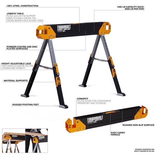 Toughbuilt ToughBuilt 32.09 in. H X 42.40 in. W X 27.36 in. D Adjustable Folding Sawhorse 1300 lb. cap. 1 pc - TB-C650-0BES