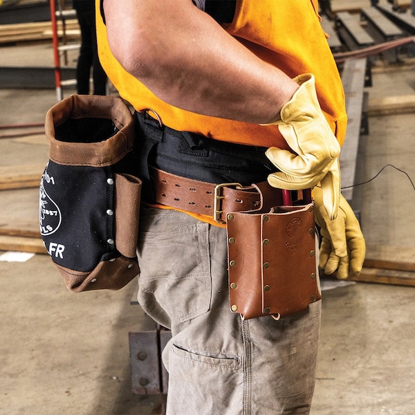 Klein Tools Belt, Toolbelt System, Ironworker, Complete, XL, Brown/Black, Leather, Steel, Brass, 9 Pockets - 5800IWBXL