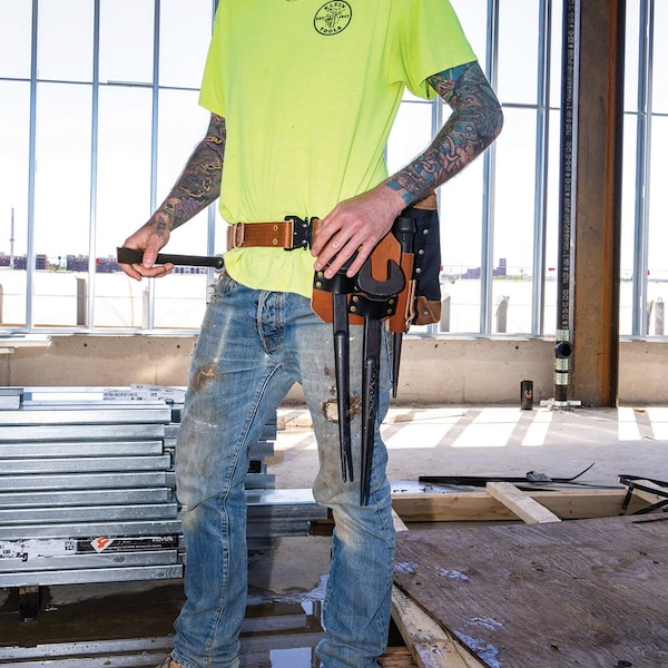 Klein Tools Belt, Toolbelt System, Ironworker, Complete, XL, Brown/Black, Leather, Steel, Brass, 9 Pockets - 5800IWBXL