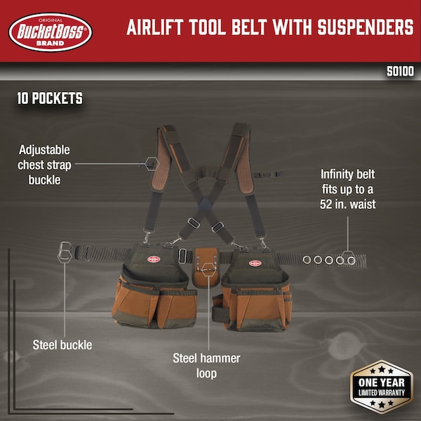 Bucket Boss Tool Belt, Air Lift Suspension Rig, 12 Pocket, 600 Poly Ripstop Fabric, 12 Pockets - 50100