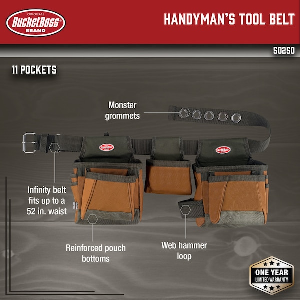 Bucket Boss Tool Belt, Handymans Rig, 11 Pocket, 600 Poly Ripstop Fabric, 11 Pockets - 50250
