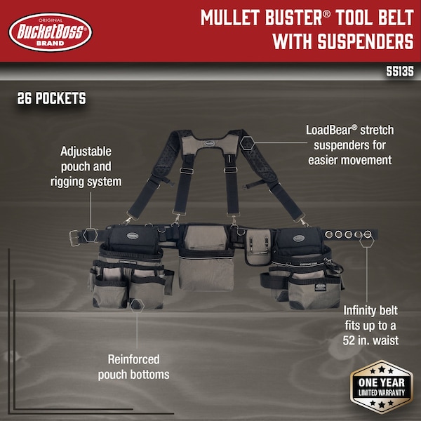 Bucket Boss Tool Belt, Suspension Rig, Mullet Buster, 1680 Heavy Duty Poly Fabric, 29 Pockets - 55135