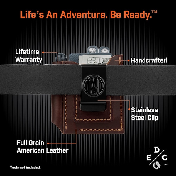 1791 Everyday Carry Leather Tool Pouch for Multitool, Pen / Pen Light, Cash / Cards & Action-Clip Belt Attachment - WEB-AC-DUO-BUR-A