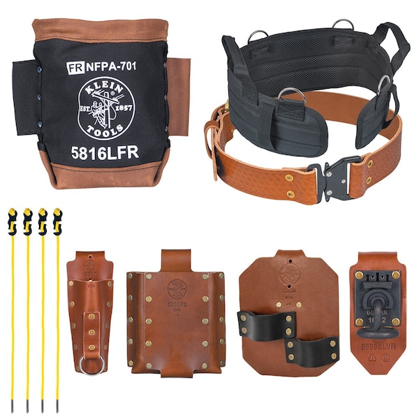 Klein Tools Belt, Toolbelt System, Ironworker, Complete, L, Brown/Black, Leather, Steel, Brass, 9 Pockets - 5800IWBL
