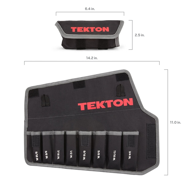 Tekton Roll Up Tool Bag, Stubby Comb. Wrn Pouch, 5/16-3/4", 8 Tool, Black, Woven Polyester Fabric, 8 Pockets - ORG27108