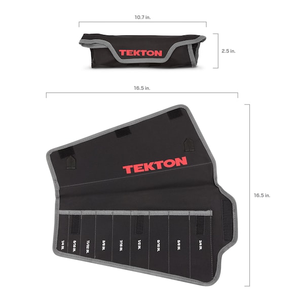 Tekton Roll Up Tool Bag, Comb" ation Wrench Pouch, 1/4-3/4" 9 Tool, Black, Woven Polyester Fabric, 9 Pockets - ORG27309