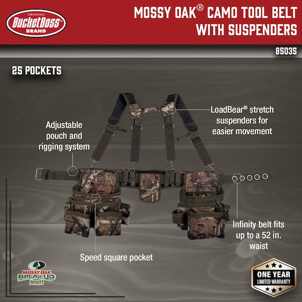 Bucket Boss Tool Belt, Suspension Rig, Camo, 600 Poly Ripstop Fabric, 28 Pockets - 85035