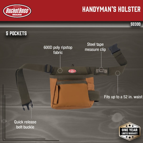 Bucket Boss Tool Pouch, Handymans Holster, 5 Pocket, 600 Poly Ripstop Fabric, 5 Pockets - 50300