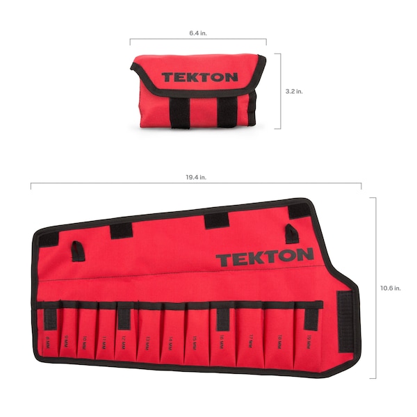 Tekton Roll Up Tool Bag, Stubby Comb. Wrench Pouch, 8-19mm, 12 Tool, Red, Woven Polyester Fabric, 12 Pockets - ORG27212