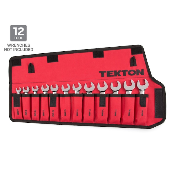 Tekton Roll Up Tool Bag, Stubby Comb. Wrench Pouch, 8-19mm, 12 Tool, Red, Woven Polyester Fabric, 12 Pockets - ORG27212