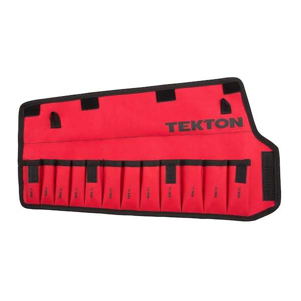Tekton Roll Up Tool Bag, Stubby Comb. Wrench Pouch, 8-19mm, 12 Tool, Red, Woven Polyester Fabric, 12 Pockets - ORG27212