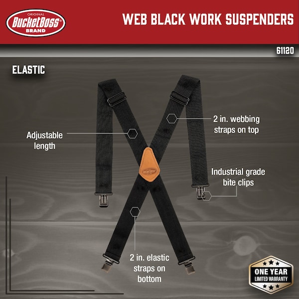 Bucket Boss Tool Suspenders, Black Suspenders, 2", Web Straps, Black - 61120