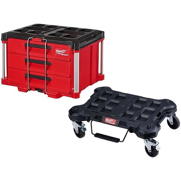 Milwaukee Tool PACKOUT(TM) PACKOUT 3-DRAWER + DOLLY, Polymer, Black, Red - 48-22-8443, 48-22-8410