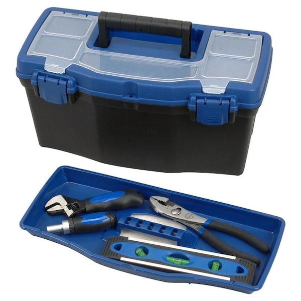 Vulcan Tool Box, 15 in L x 7 in W x 5-1/4 in H, Plastic, Black/Blue, 16 in L x 8-1/4 in W x 7-3/4 in H Outside - 320101