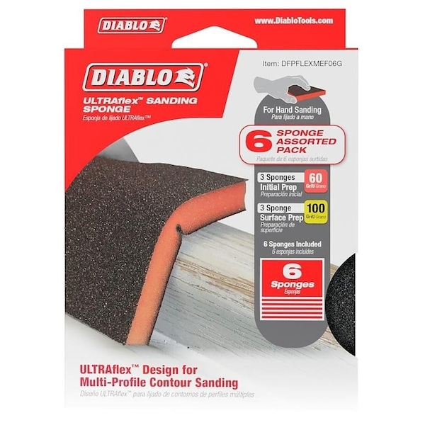 Esponja de lijado flexible Diablo ULTRAflex, paquete surtido, 5 pulgadas de largo, 4 pulgadas de ancho, 60, 100 Granos, Fino, Mediano - DFPFLEXMEF06G