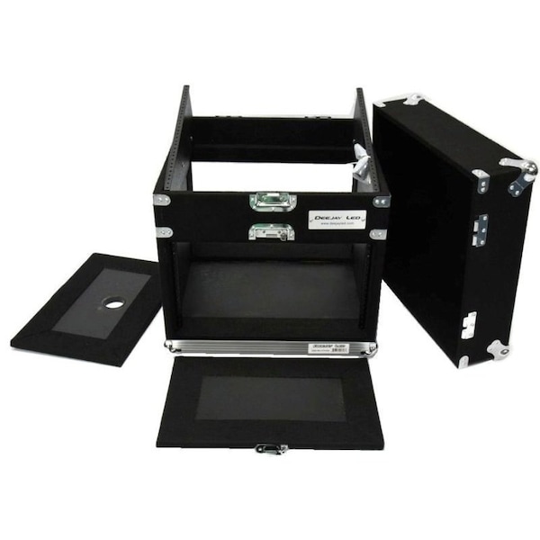 Deejay Led Slant Rack Drive Tour Case 6U-Space Amplifier Side 10U-Space Mixer Side w/Black Carpeted Exterior - TBH6U10SLANTWOOD
