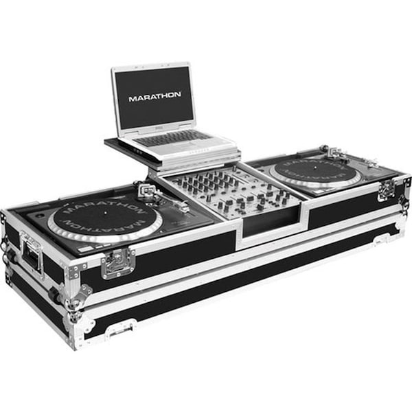 Marathon COFFIN HOLDS 2 TURNTABLES IN STANDARD STYLE POSITION w/12-in MIXER w/LOW PROFILE WHEELS & LAPTOP SH - MA-DJ12WLT-STANDARD