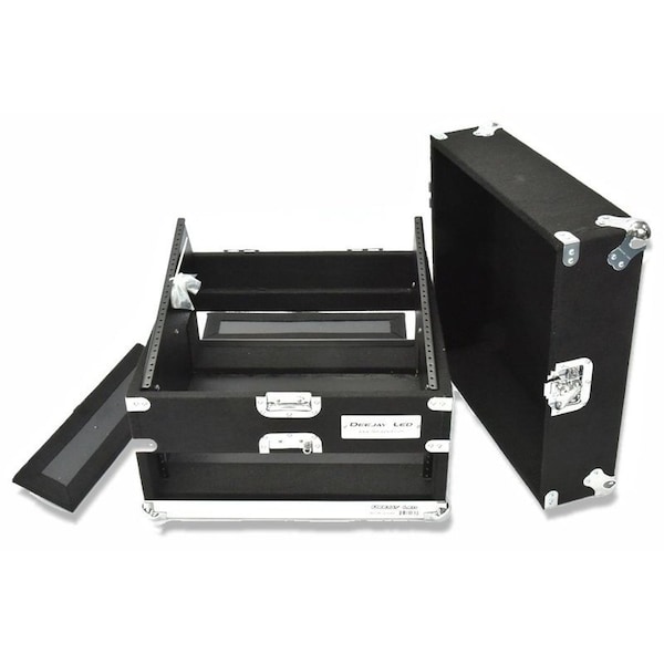Deejay Led Slant Rack Drive Tour Case 2U-Space Amplifier Side 10U-Space Mixer Side w/Black Carpeted Exterior - TBH2U10SLANTWOOD