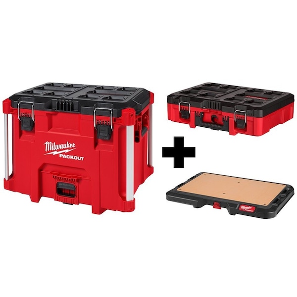 Milwaukee Tool PACKOUT XL Tool Box + Tool Case + Work Top, Polymer, Black/Red, 22 in W x 16-1/4 in D x 19 in H - 48-22-8429, 48-22-8450, 48-22-8488