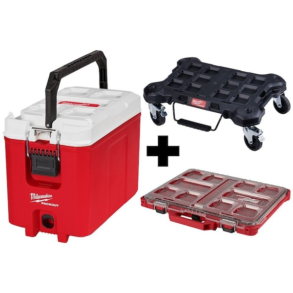 Milwaukee Tool PACKOUT 16 QT Compact Cooler + Compact Tool Box + Low-Profile Organizer, Polymer, Black/Red - 48-22-8460, 48-22-8422, 48-22-8431