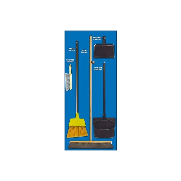 Nmc National Marker Janitorial Shadow Board Combo Kit, Blue on White, Industrial Grade Aluminum- - SBK102AL
