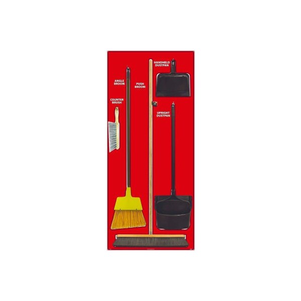 Nmc National Marker Janitorial Shadow Board Combo Kit, Red on White, Industrial Grade Aluminum- - SBK106AL