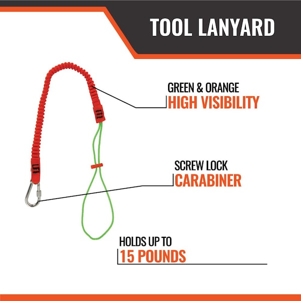 Malta Dynamics Tool Tether Lanyard with Carabiner Attachment, 53in Expansion, Adjustable Loop End, 3PK - C1006-3 PK