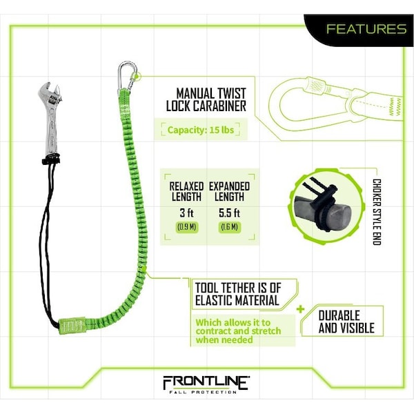 Frontline ToolGrip Elastic Tool Tether 15 lbs with Steel Turn Lock Carabiner - TLS15