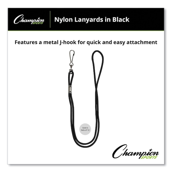 Champion Sports Lanyard, J-Hook Style, 20in. Long, Assorted Colors, PK12, 12PK - 126ASST