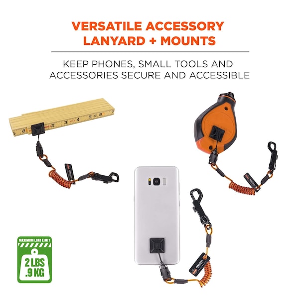 Ergodyne S Orange and Black Coil Lanyard plus Mini Adhesive Mounts HL - 3151S