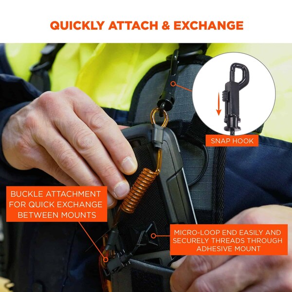 Ergodyne S Orange and Black Coil Lanyard plus Mini Adhesive Mounts HL - 3151S