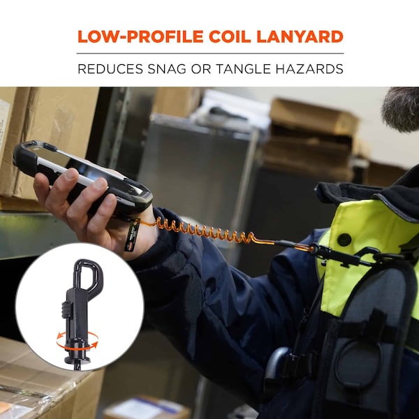 Ergodyne S Orange and Black Coil Lanyard plus Mini Adhesive Mounts HL - 3151S