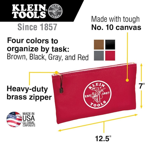 Klein Tools Zipper Bags, Canvas Tool Pouches Brown/Black/Gray/Red, 4-Pack - 5141