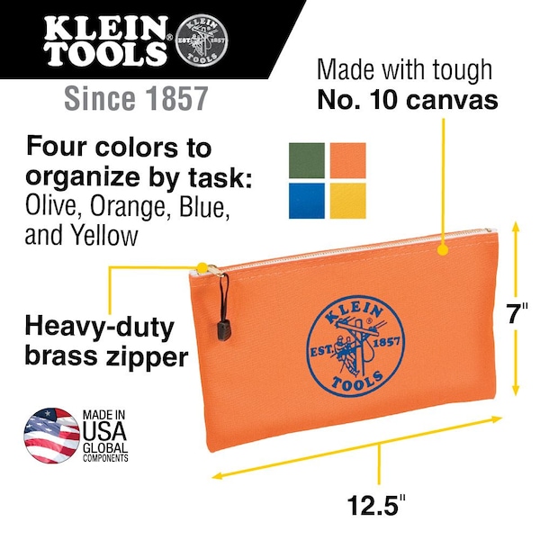 Klein Tools Zipper Bags, Canvas Tool Pouches Olive/Orange/Blue/Yellow, 4-Pack - 5140